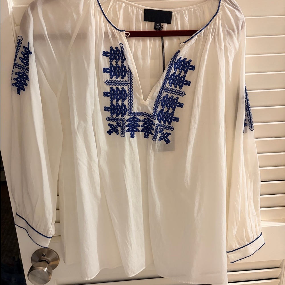 NWT Nili Lotan XS Embroidered Boho Blouse White Navy Peasant Top